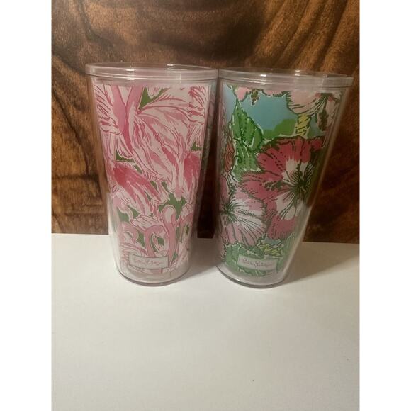 Lily Pulitzer Beach Hibiscus Flamingo Insulated Tumblers Cups - Set of 2 - Picture 2 of 5